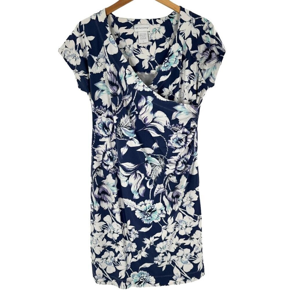 Soft Surroundings Shapely Anywhere Blue Floral Faux Wrap Dress Size Large